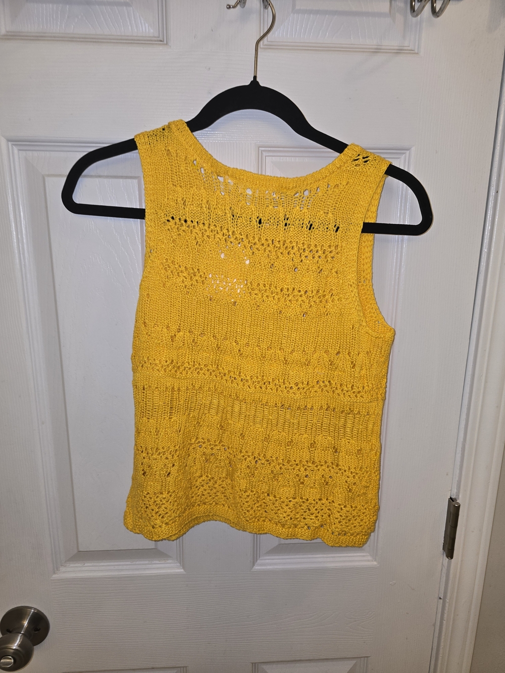 Embossed Women's Mustard Yellow Open-Knit Scoop Neck Sweater - Picture 3 of 3